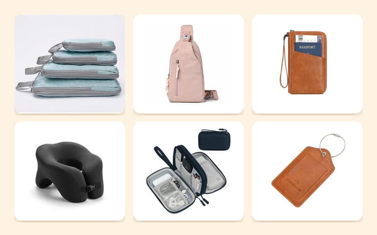 BonVoyage gear laid out in a tidy grid on a warm tan background: compression packing cubes, a pink sling chest bag, a tan RFID-blocking passport wallet, a black memory-foam neck pillow, a navy double-layer electronics organizer and a tan leather luggage tag.
