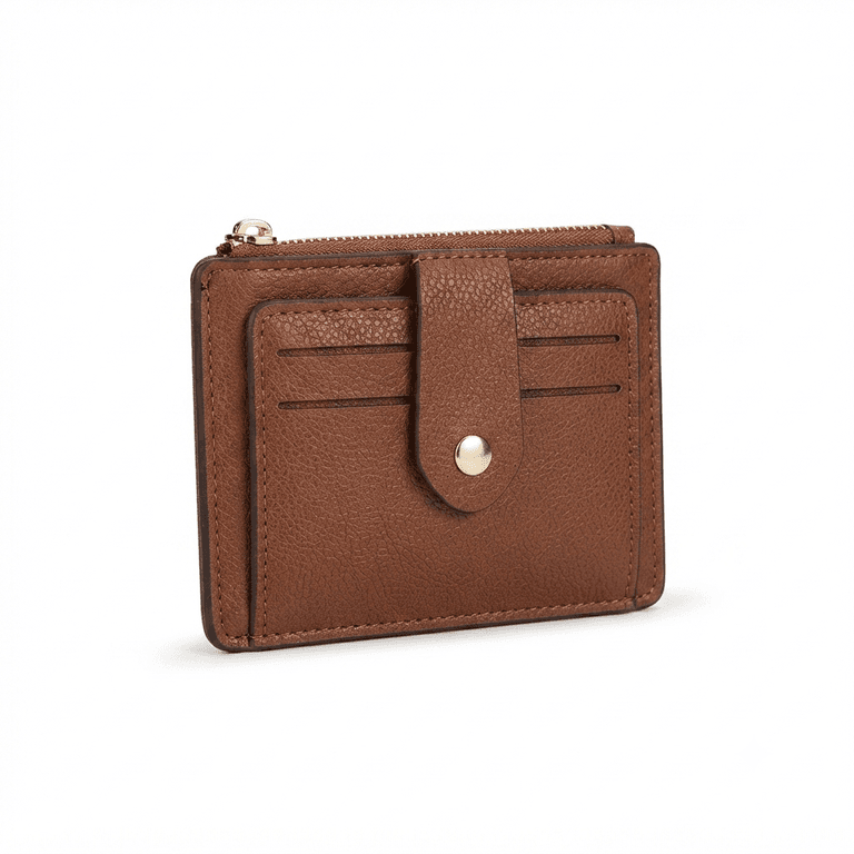 Slim Card Holder Wallet with Coin Pocket & PU Leather Design in Brown