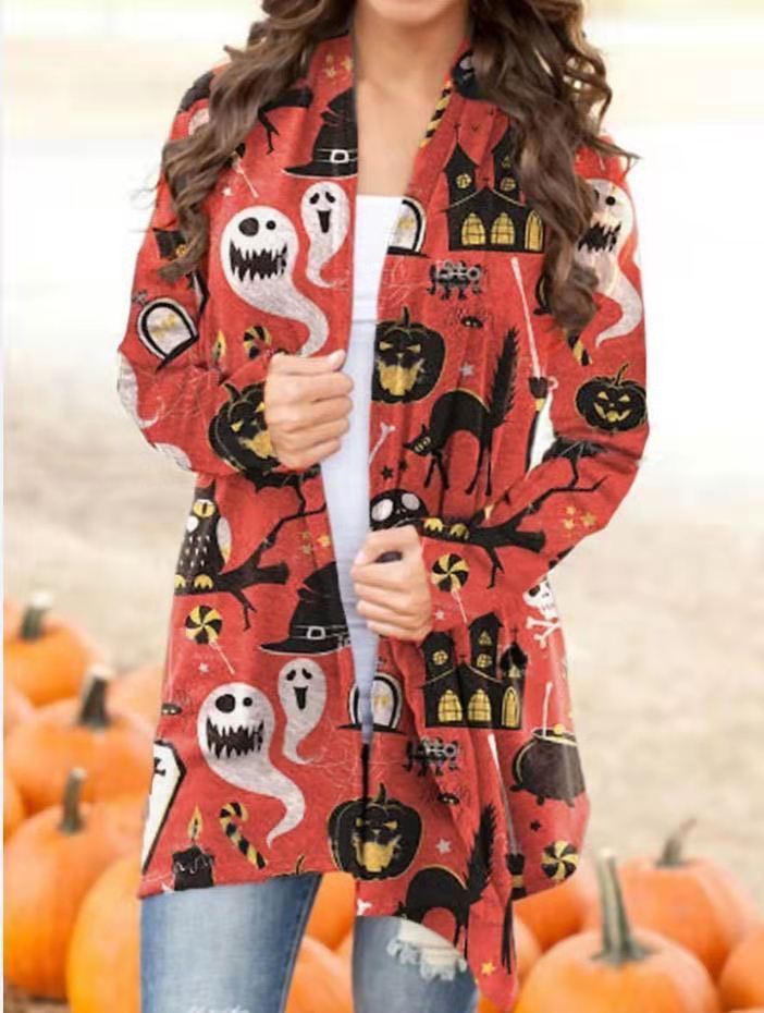 Halloween Theme Printed Coat – Knitted Polyester Small Cardigan (S–5XL)