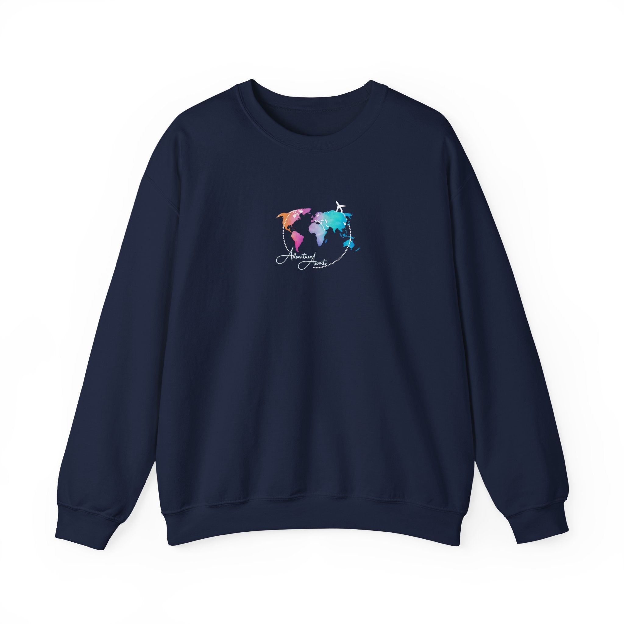 World Map Crewneck Sweatshirt – Colorful Watercolor Globe "Enjoy the Journey"