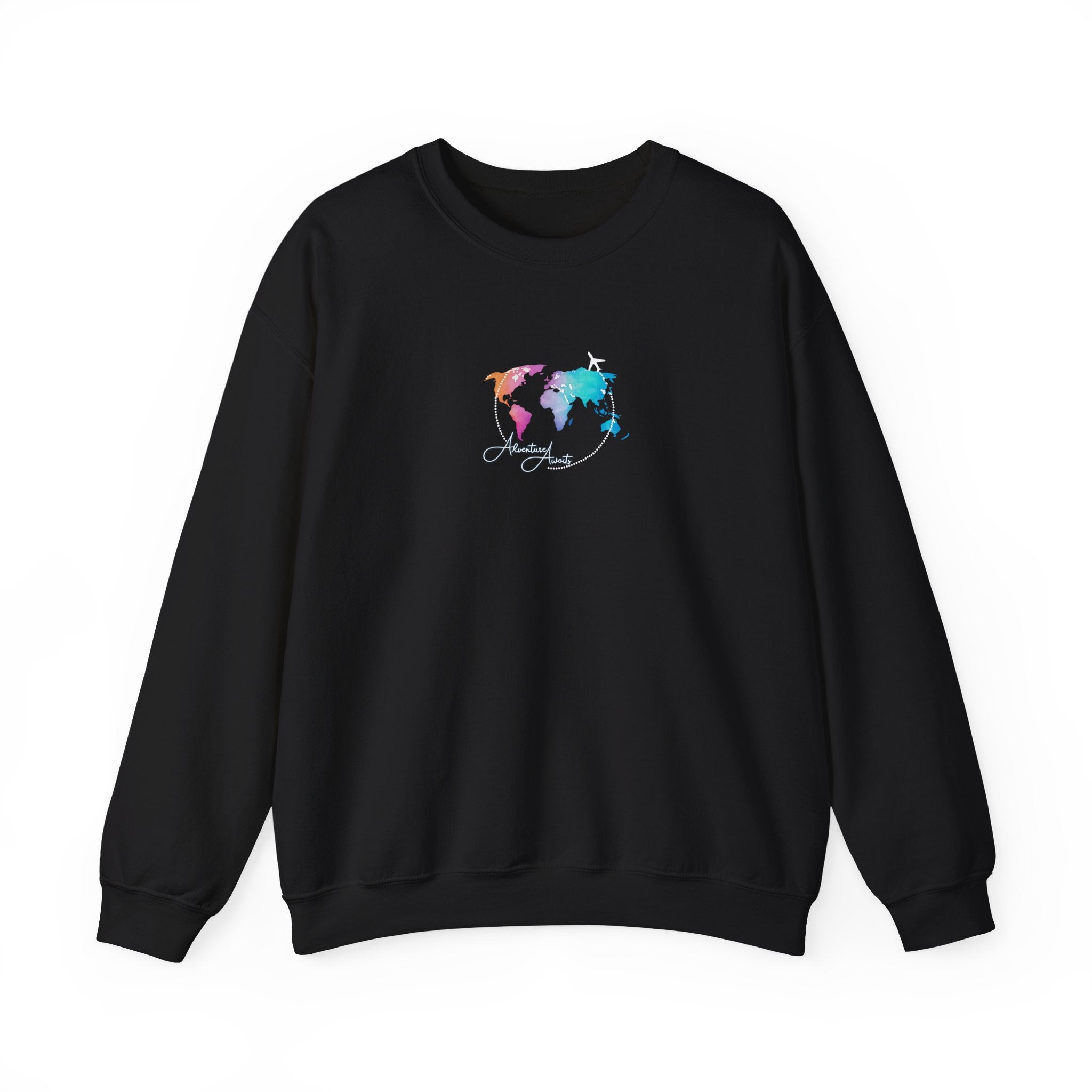 World Map Crewneck Sweatshirt – Colorful Watercolor Globe "Enjoy the Journey"
