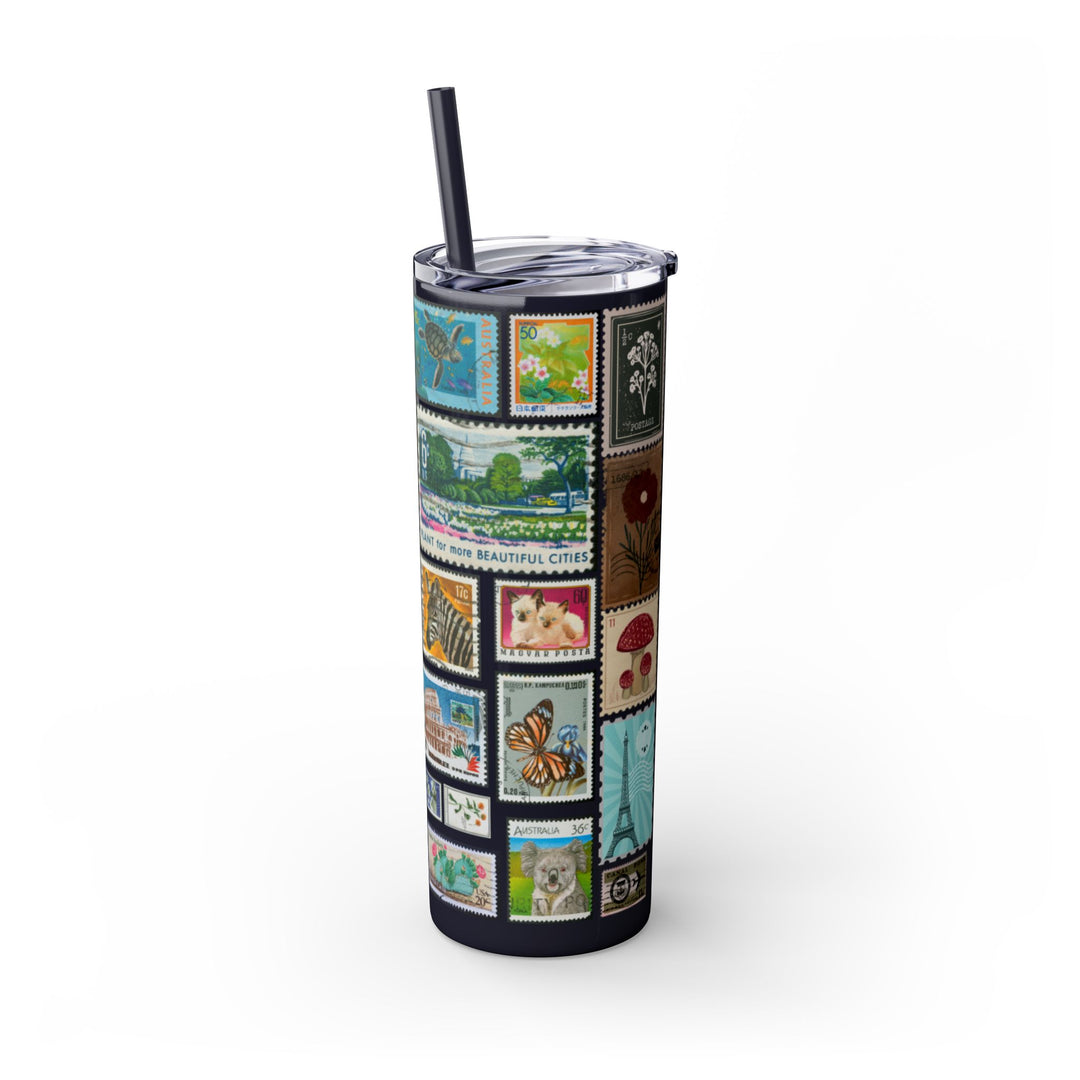 Vintage-Inspired 20oz Skinny Tumbler with Straw - Floral and Butterfly Stamp Design