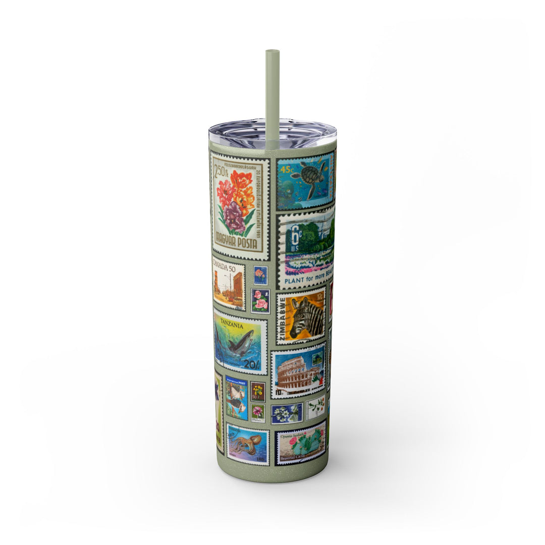 Vintage-Inspired 20oz Skinny Tumbler with Straw - Floral and Butterfly Stamp Design