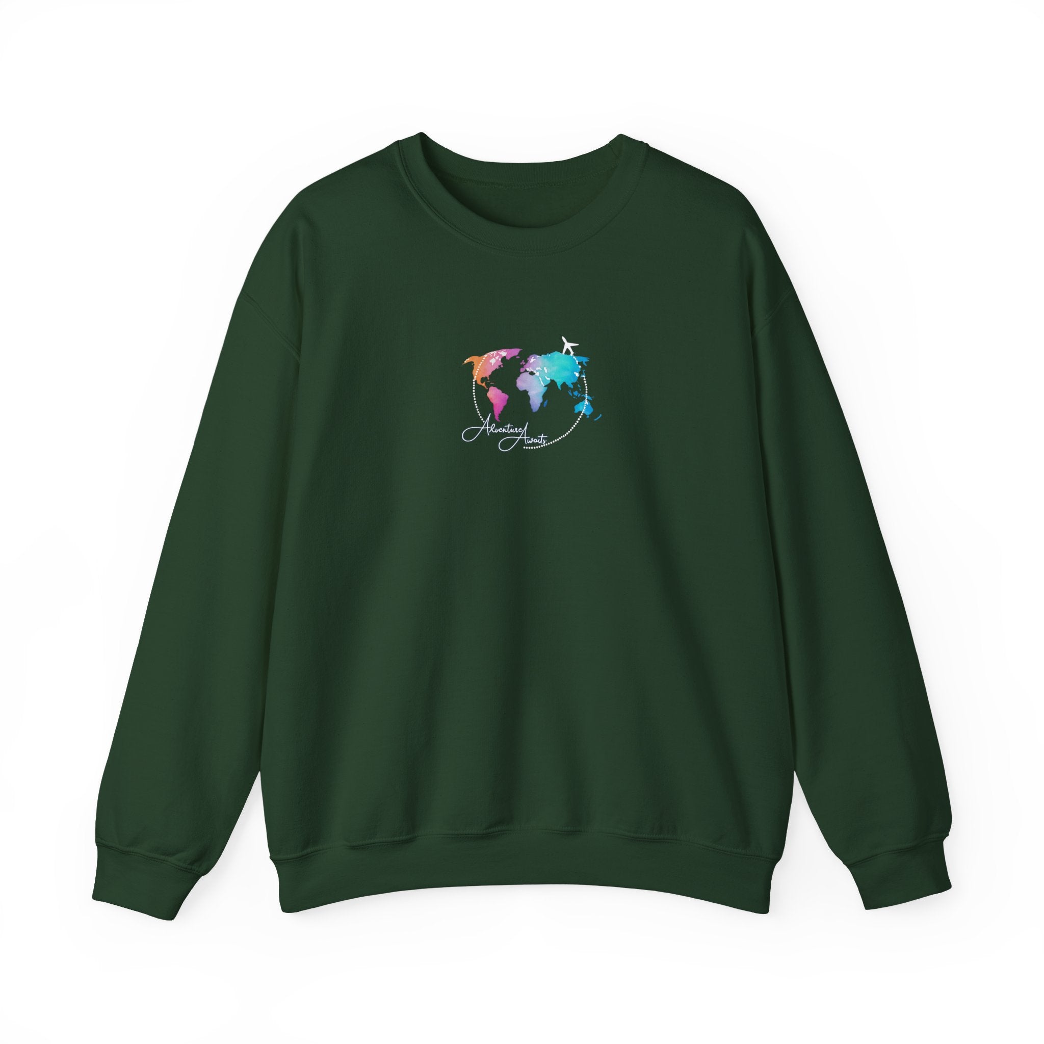 World Map Crewneck Sweatshirt – Colorful Watercolor Globe "Enjoy the Journey"