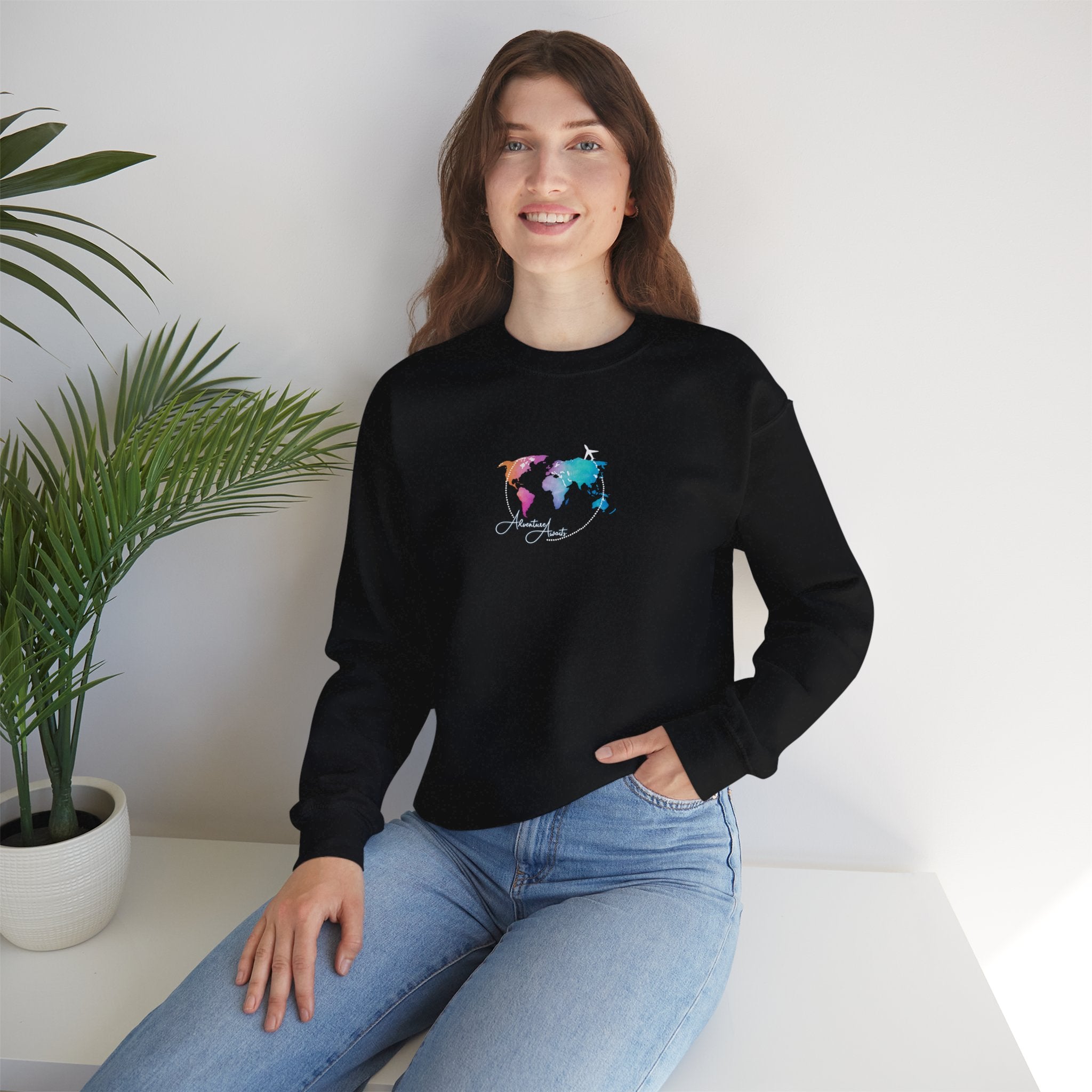 World Map Crewneck Sweatshirt – Colorful Watercolor Globe "Enjoy the Journey"