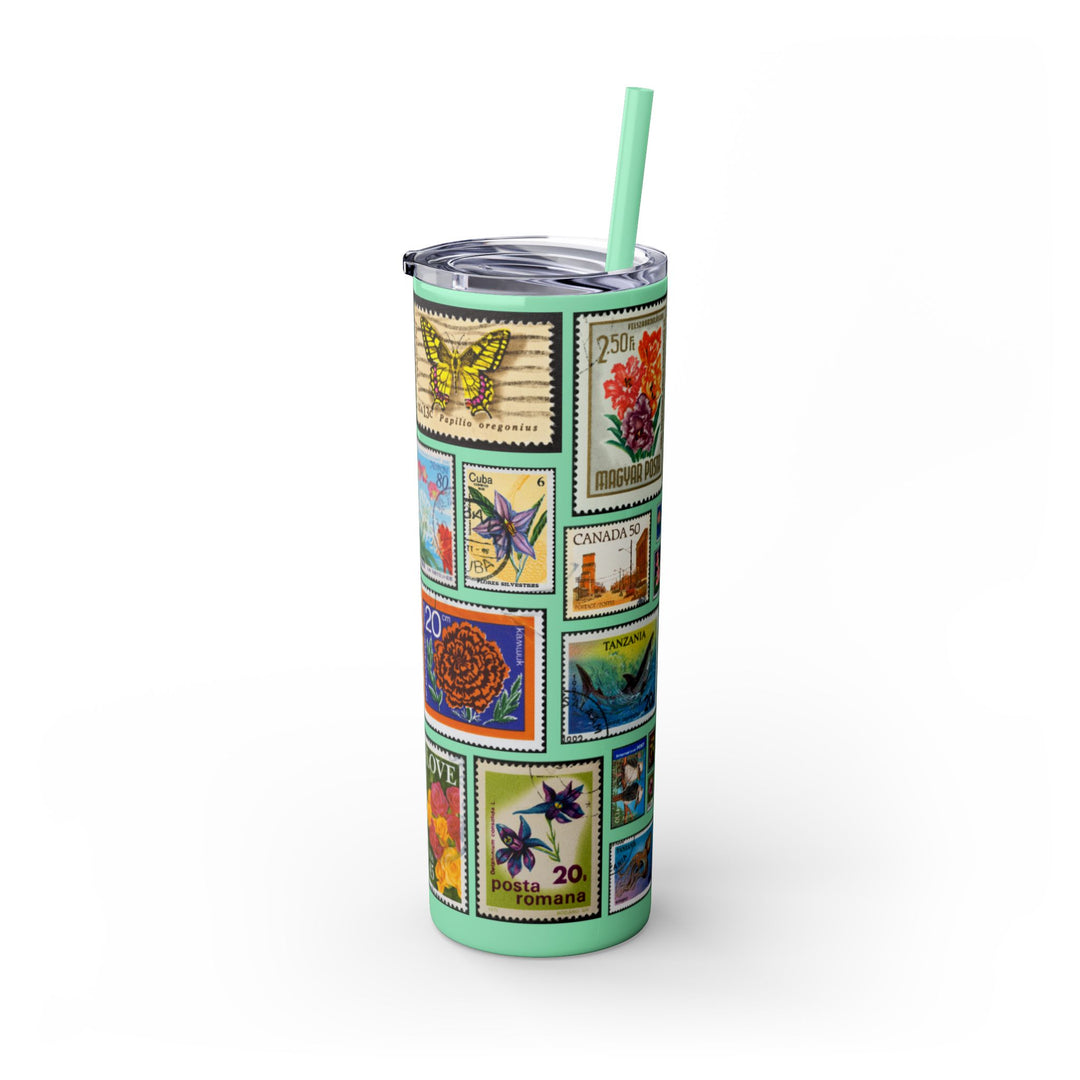 Vintage-Inspired 20oz Skinny Tumbler with Straw - Floral and Butterfly Stamp Design