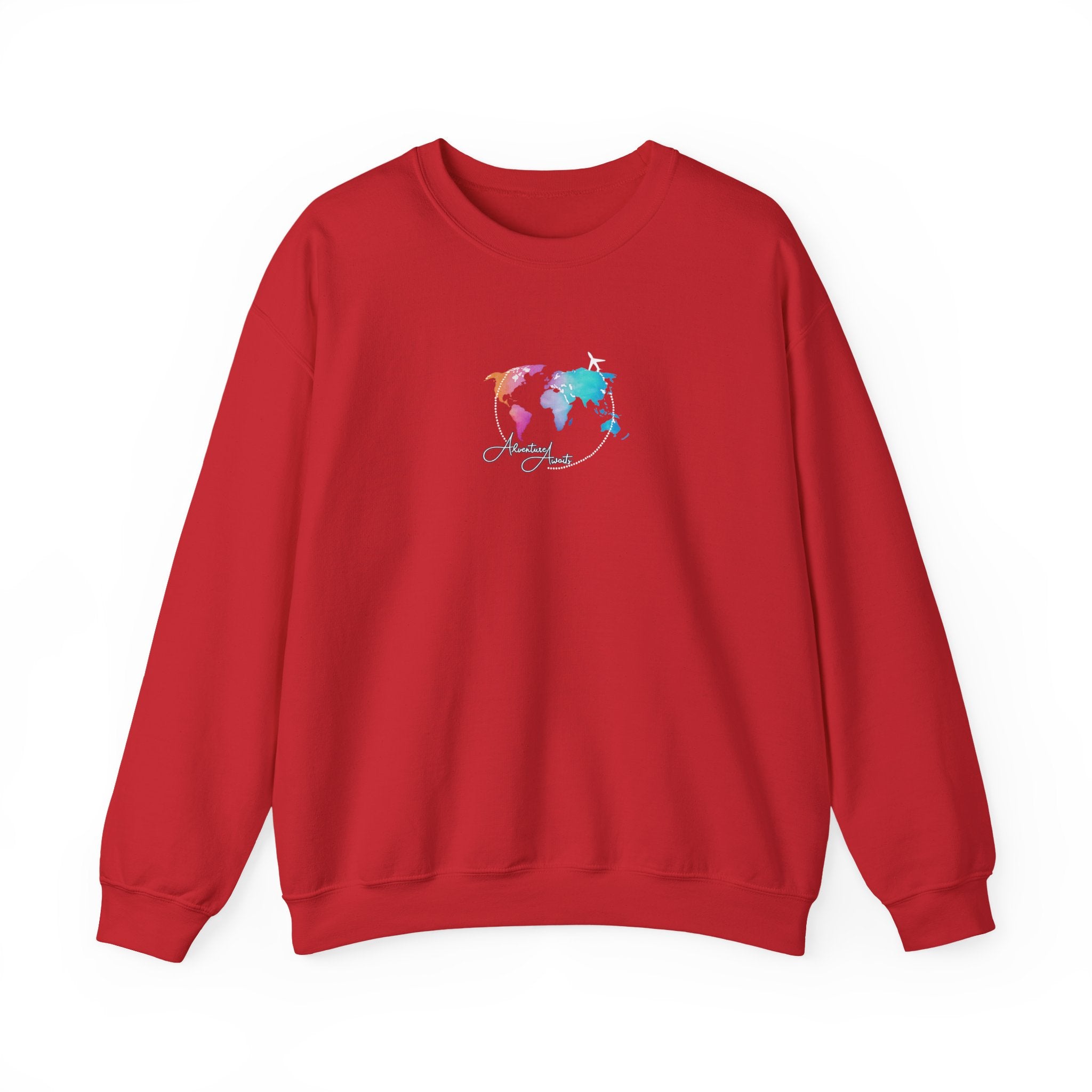 World Map Crewneck Sweatshirt – Colorful Watercolor Globe "Enjoy the Journey"