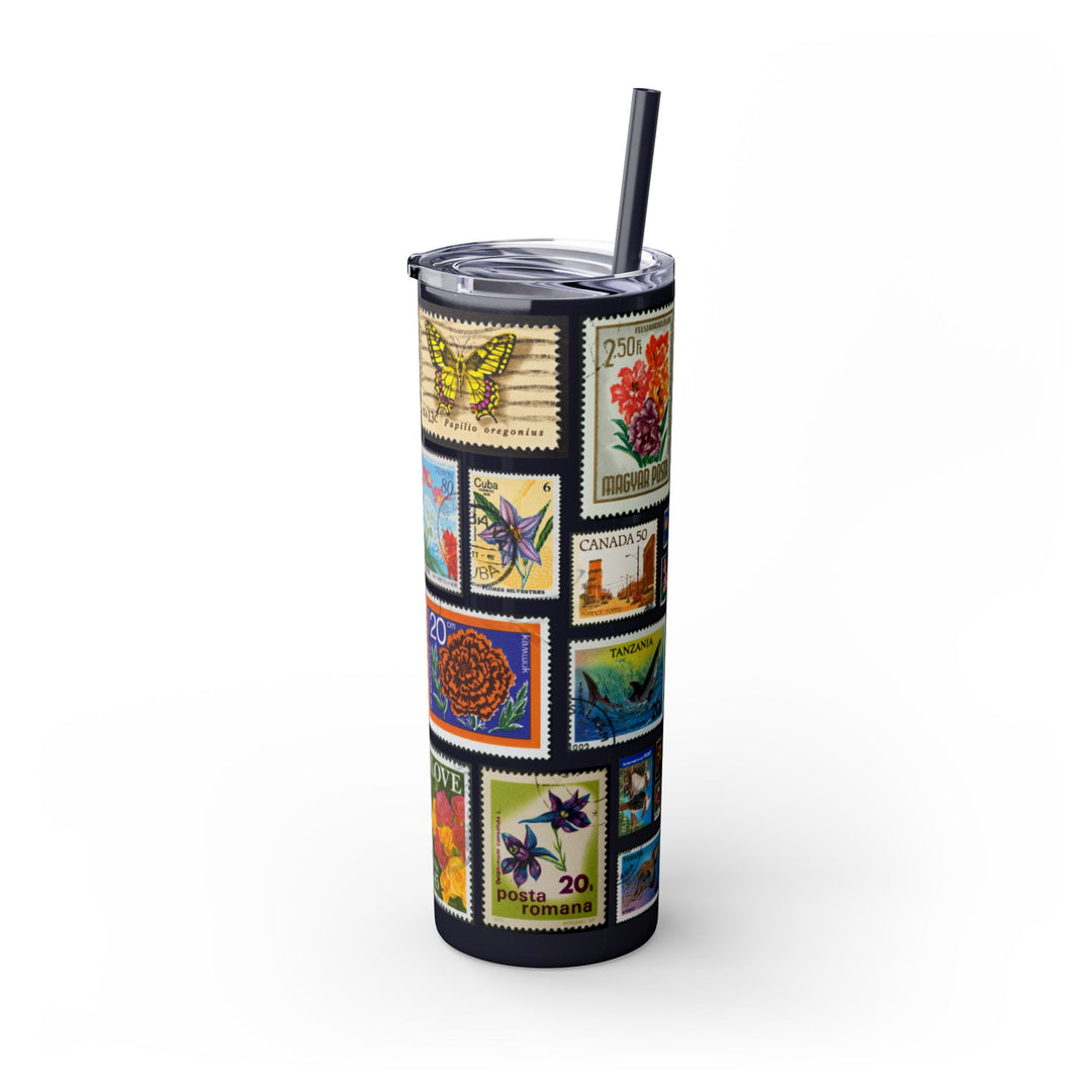 Vintage-Inspired 20oz Skinny Tumbler with Straw - Floral and Butterfly Stamp Design