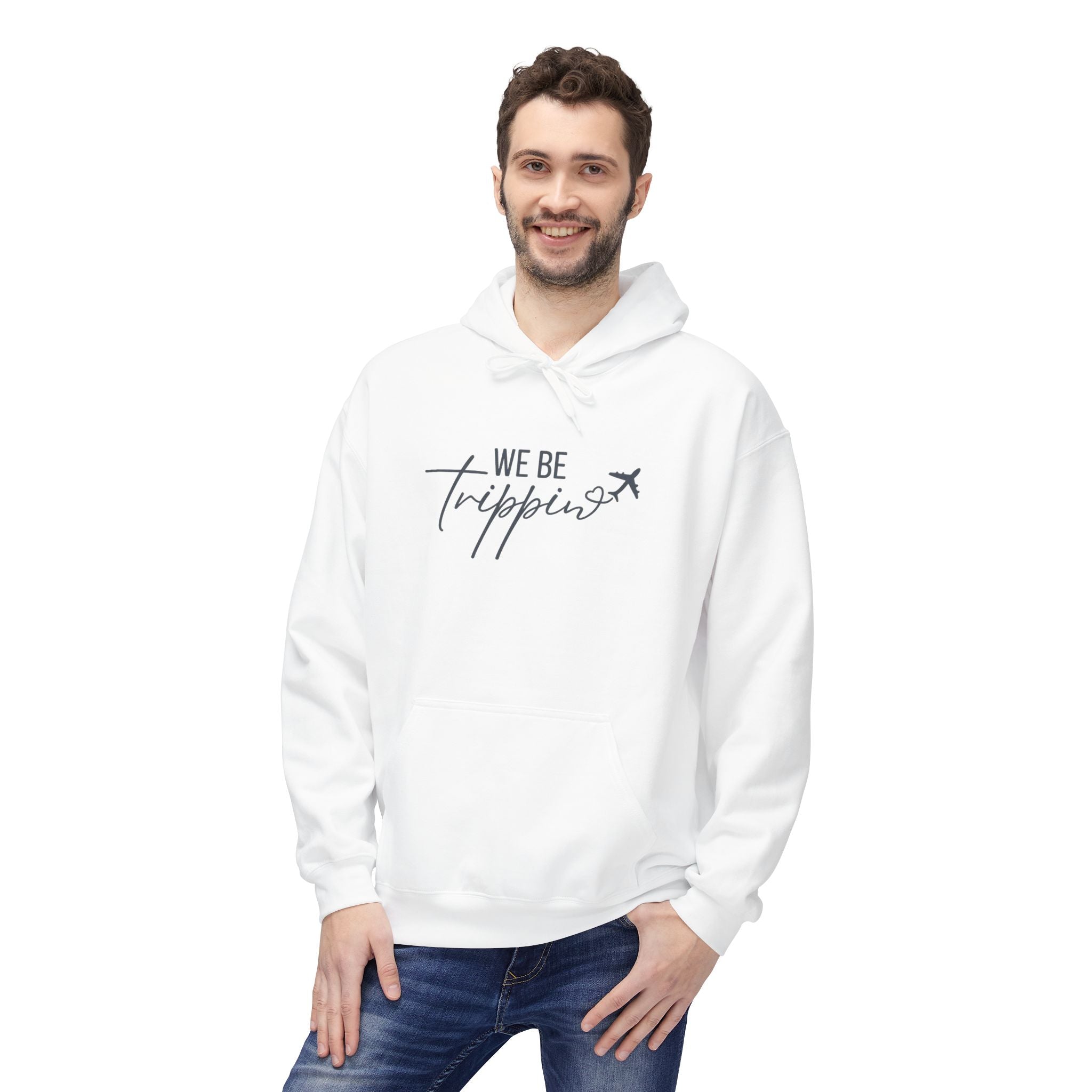 We Be Trippin' Hoodie - Travel Quote Pullover with Airplane Graphic