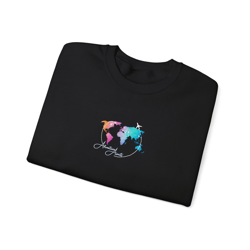 World Map Crewneck Sweatshirt – Colorful Watercolor Globe "Enjoy the Journey"