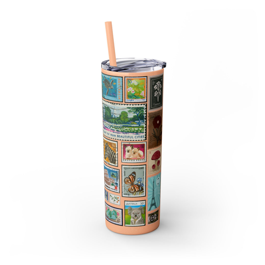Vintage-Inspired 20oz Skinny Tumbler with Straw - Floral and Butterfly Stamp Design
