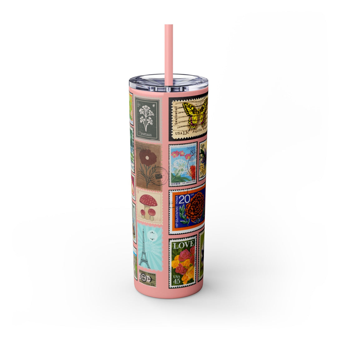 Vintage-Inspired 20oz Skinny Tumbler with Straw - Floral and Butterfly Stamp Design