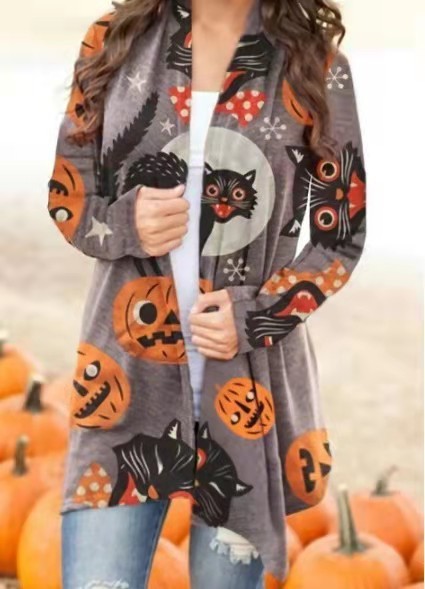 Halloween Theme Printed Coat – Knitted Polyester Small Cardigan (S–5XL)