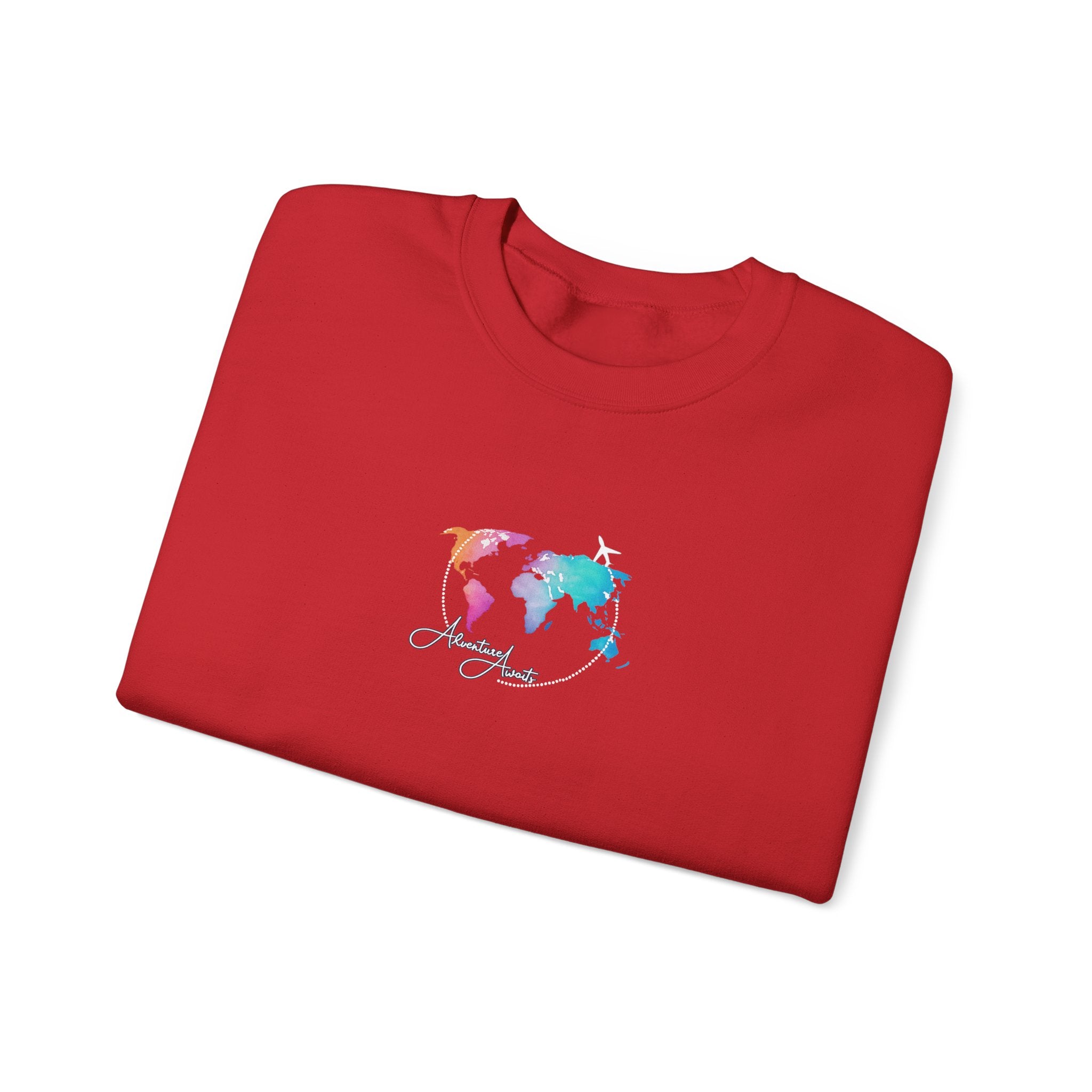 World Map Crewneck Sweatshirt – Colorful Watercolor Globe "Enjoy the Journey"