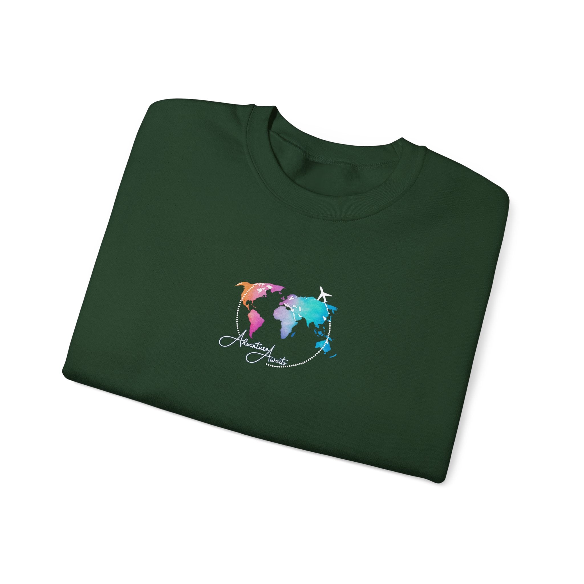 World Map Crewneck Sweatshirt – Colorful Watercolor Globe "Enjoy the Journey"