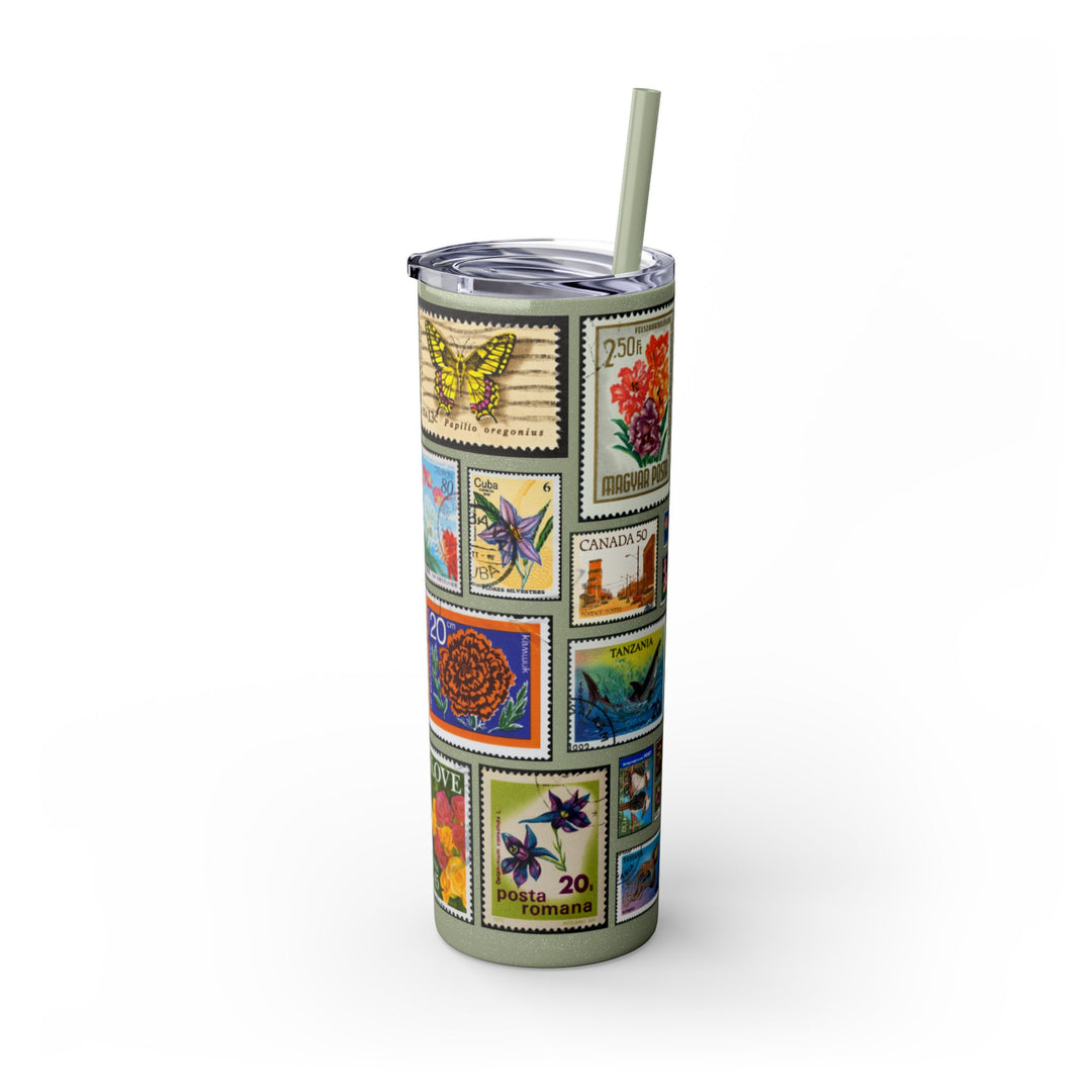 Vintage-Inspired 20oz Skinny Tumbler with Straw - Floral and Butterfly Stamp Design