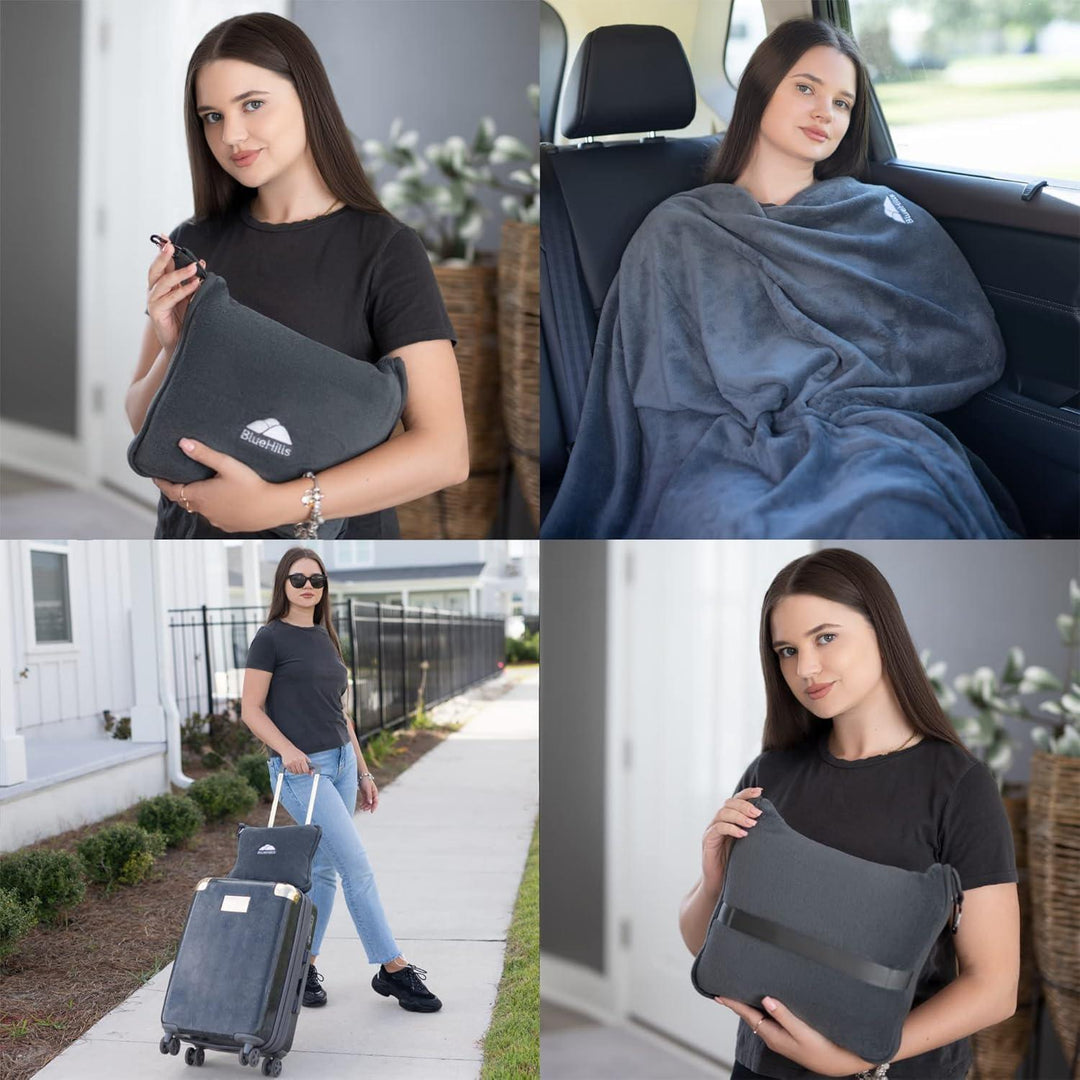 Premium Travel Blanket & Pillow Set - Compact, Grey, Airplane Ready - BonVoyage