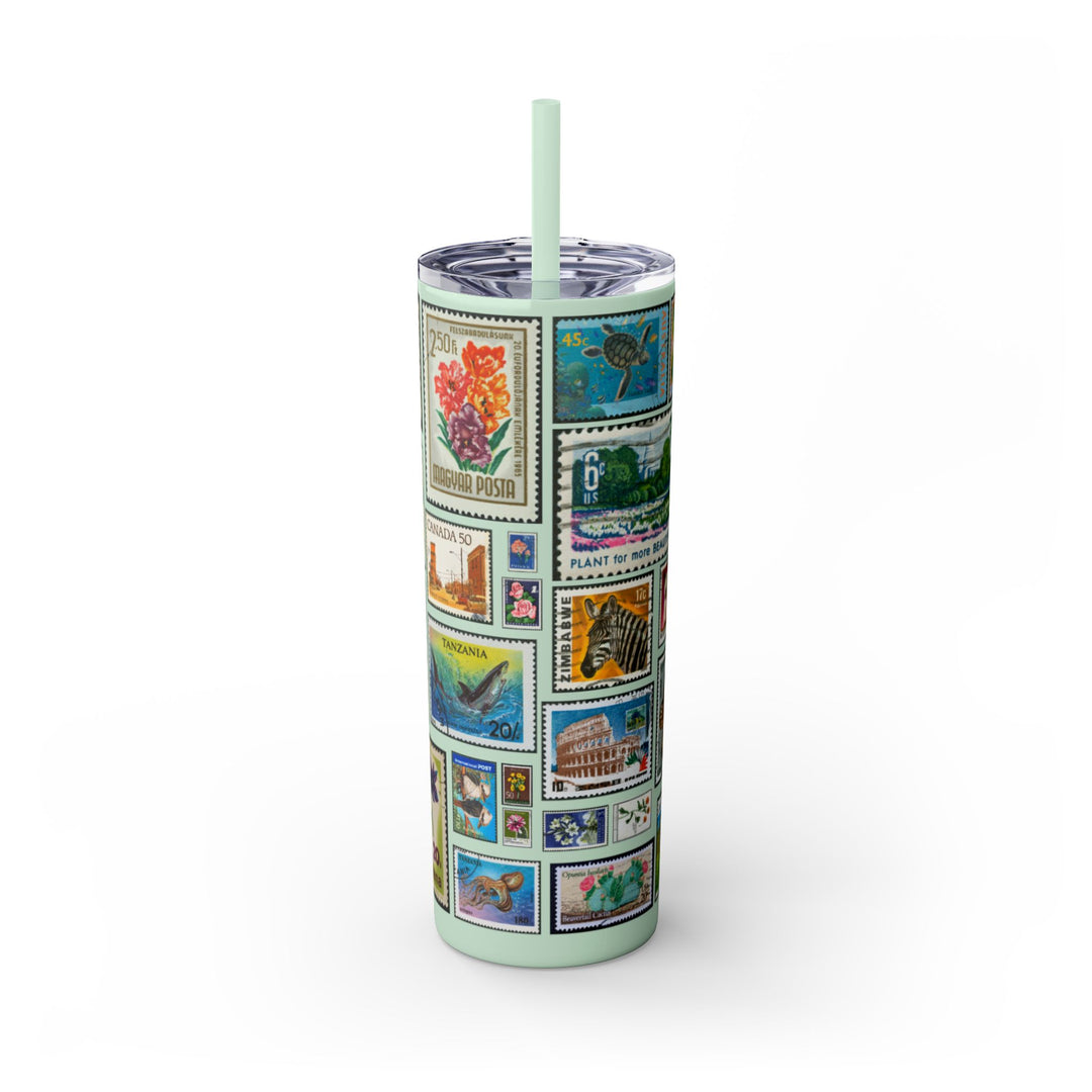 Vintage-Inspired 20oz Skinny Tumbler with Straw - Floral and Butterfly Stamp Design