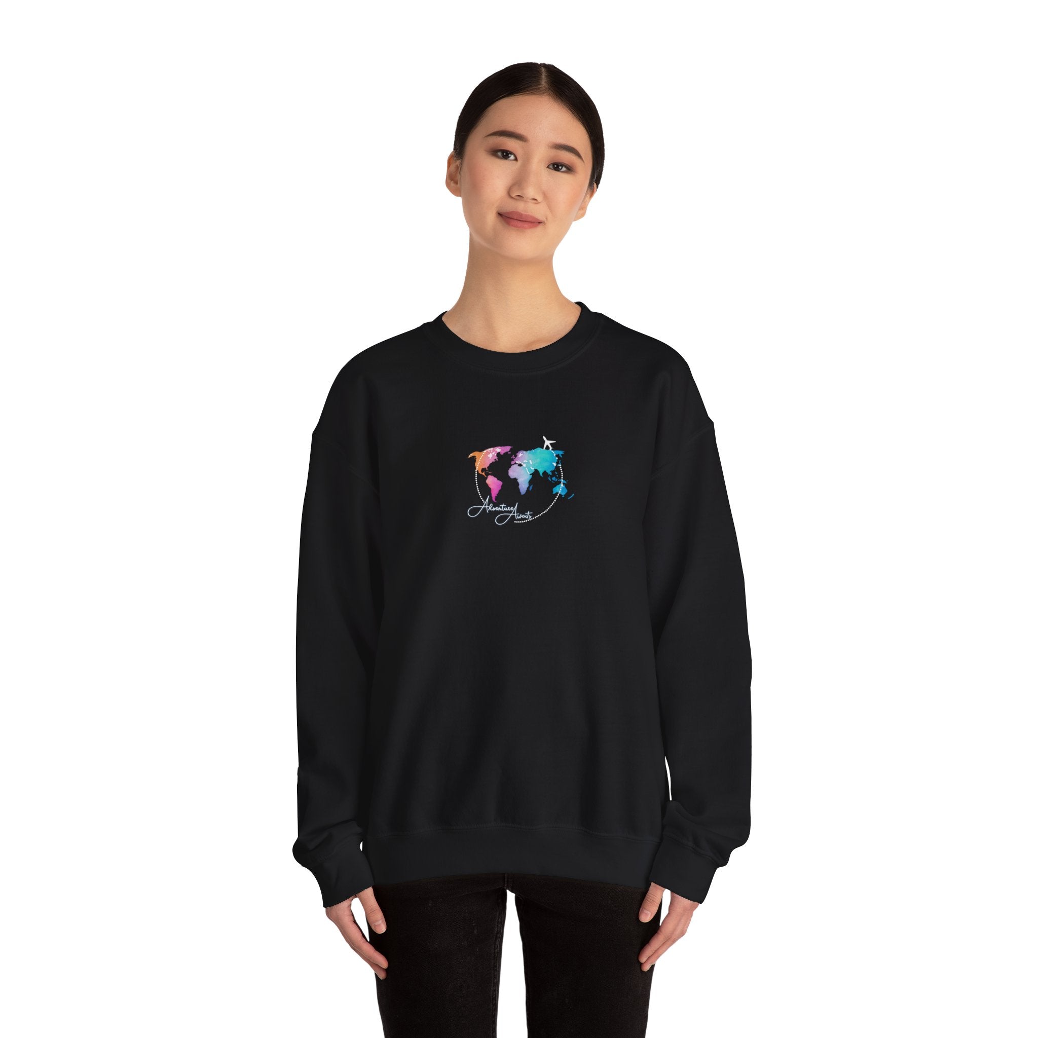World Map Crewneck Sweatshirt – Colorful Watercolor Globe "Enjoy the Journey"