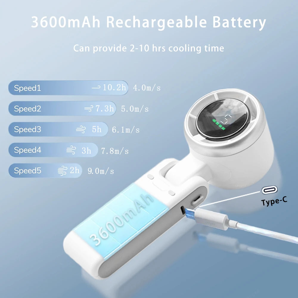 Portable Mini Fan 3600mAh USB Rechargeable, Foldable, 5-Speed