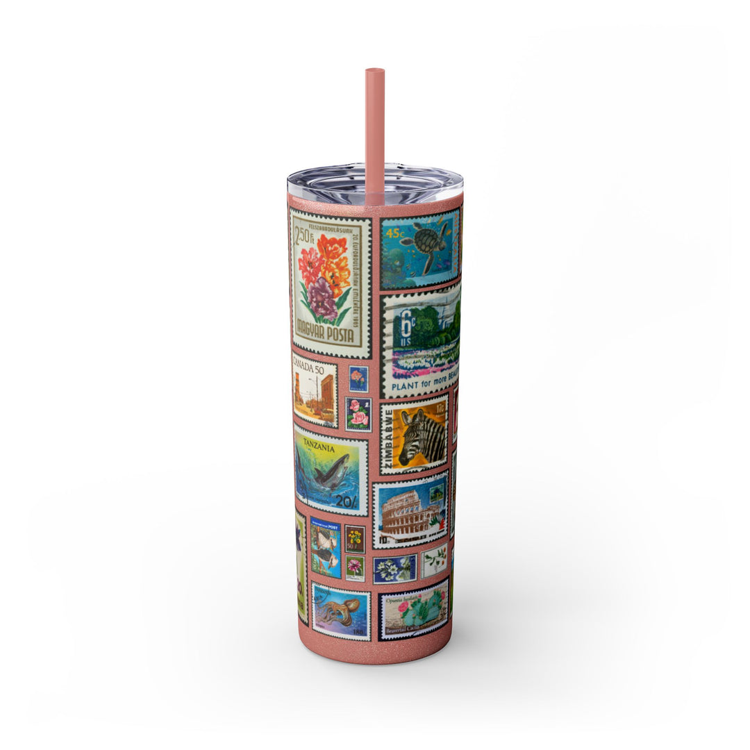 Vintage-Inspired 20oz Skinny Tumbler with Straw - Floral and Butterfly Stamp Design