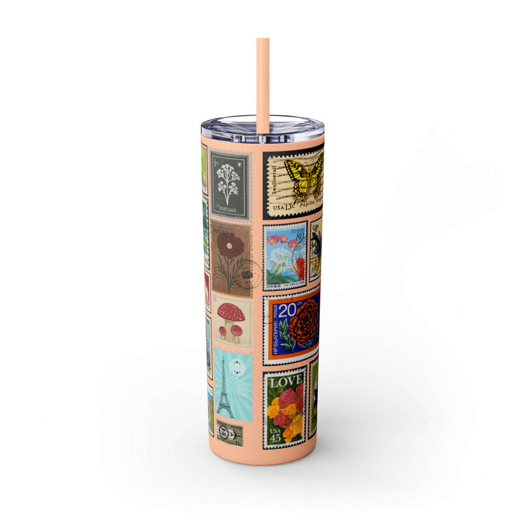 Vintage-Inspired 20oz Skinny Tumbler with Straw - Floral and Butterfly Stamp Design