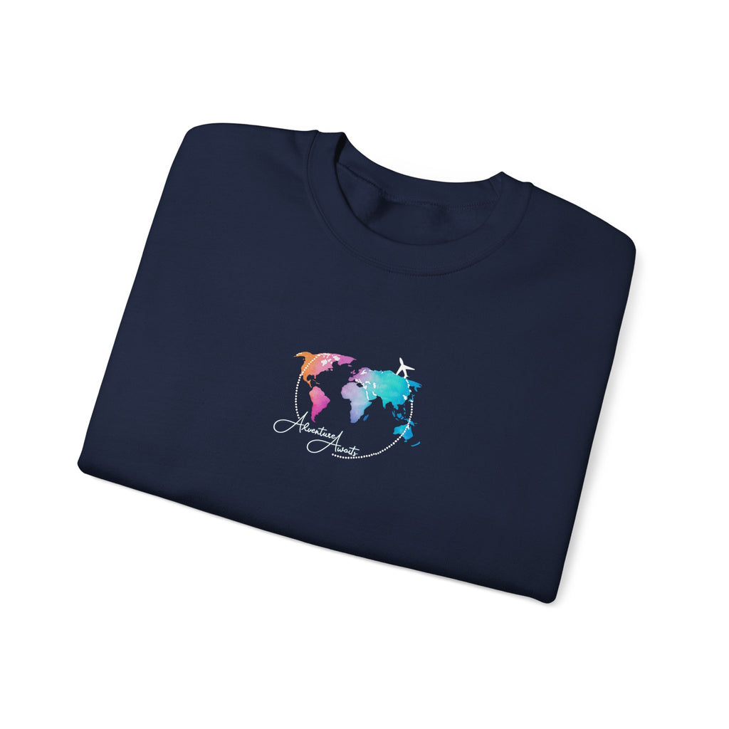 World Map Crewneck Sweatshirt – Colorful Watercolor Globe "Enjoy the Journey"