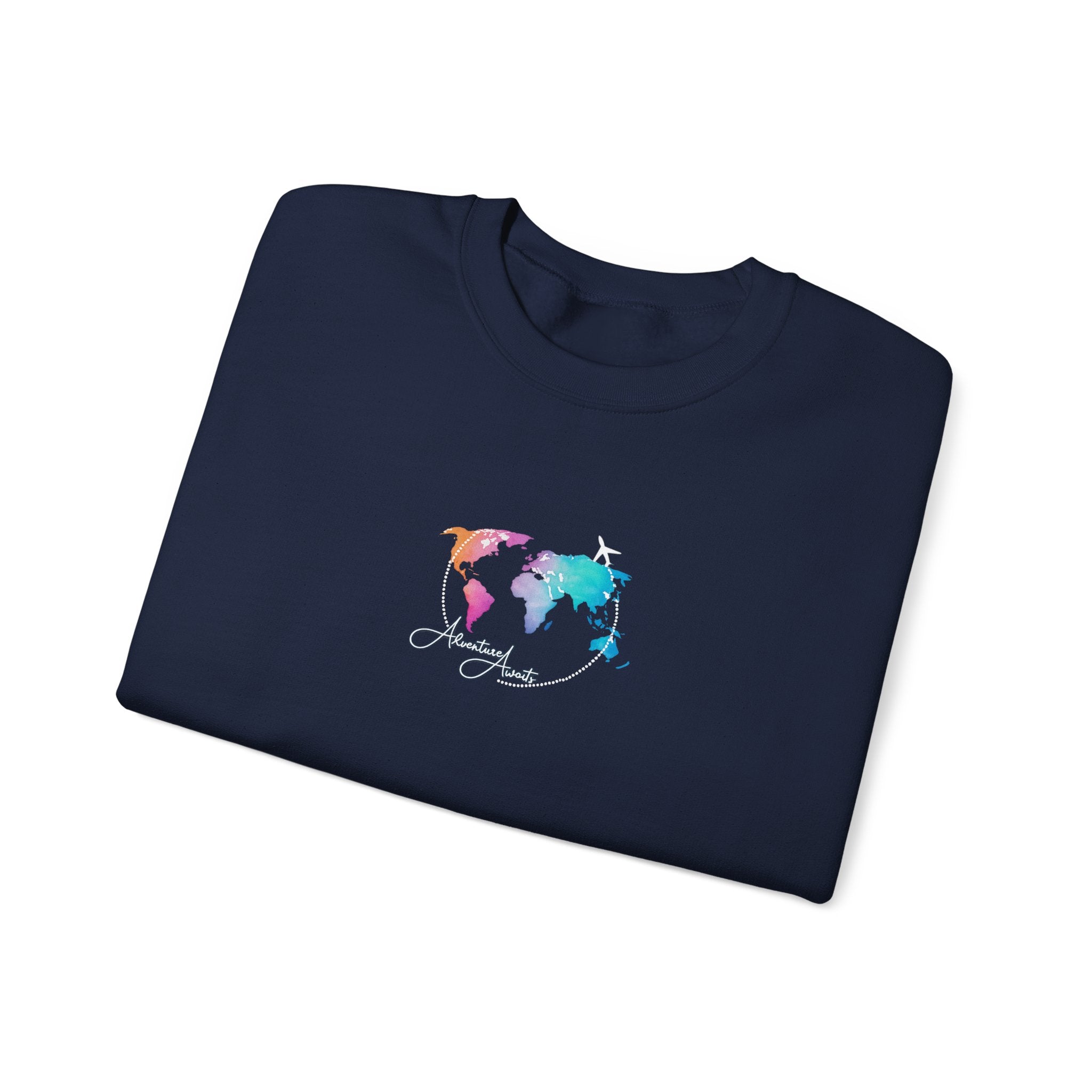 World Map Crewneck Sweatshirt – Colorful Watercolor Globe "Enjoy the Journey"