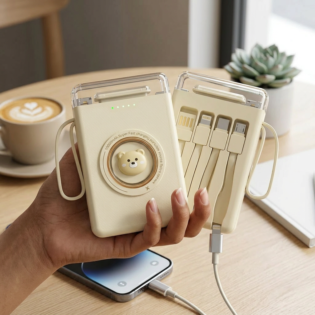 Portable Power Bank – Quick Charge & Built-in 4 Cables with LED Flashlight