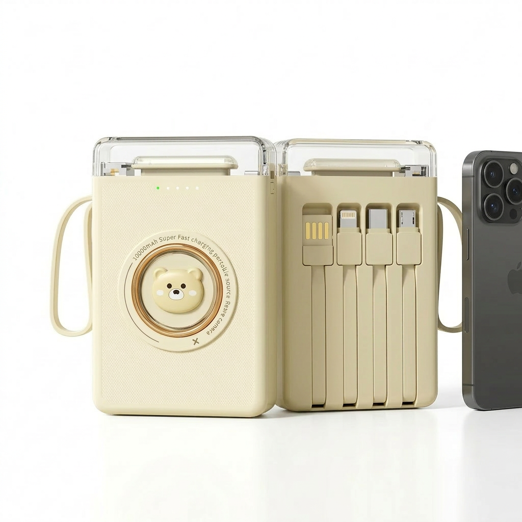 Portable Power Bank – Quick Charge & Built-in 4 Cables with LED Flashlight