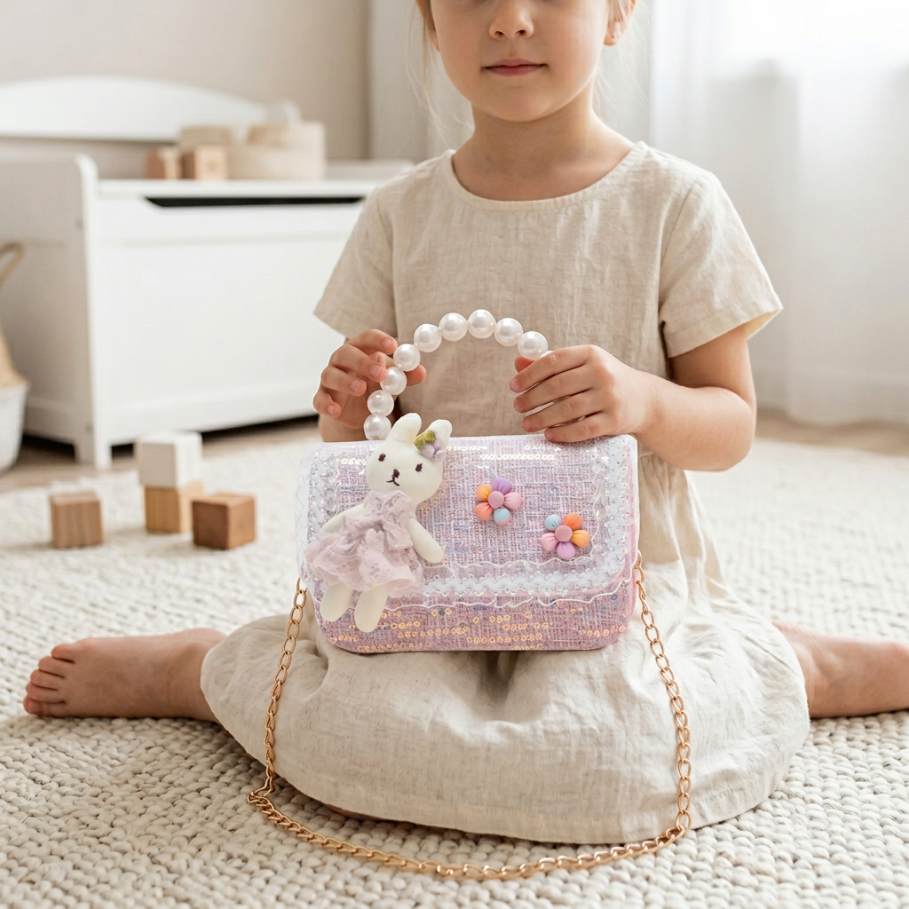 Girls Sequin Crossbody Bag – Cute Pearl Handle & Cartoon Design