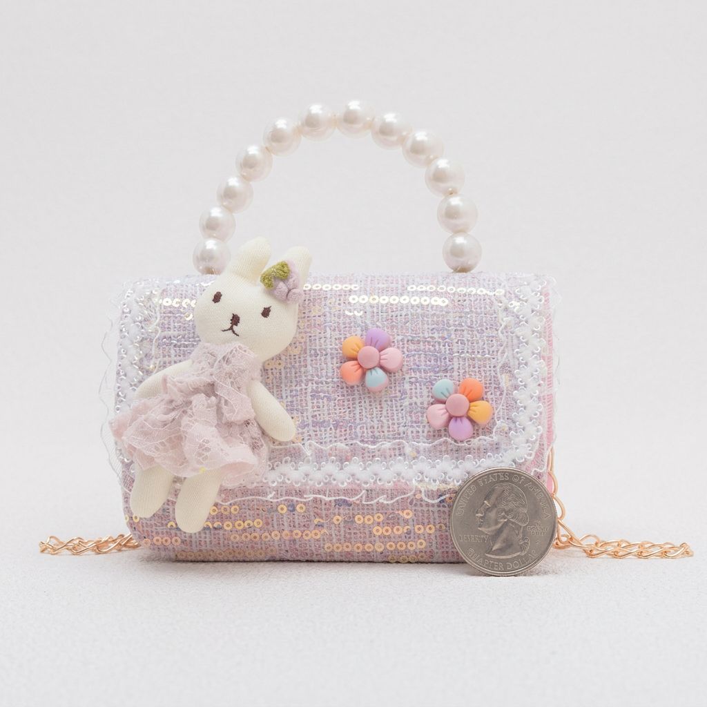 Girls Sequin Crossbody Bag – Cute Pearl Handle & Cartoon Design