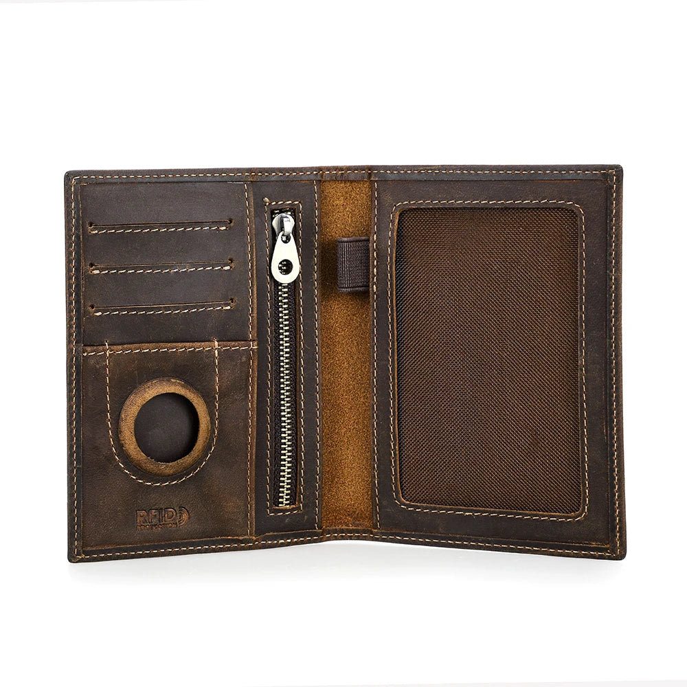 RFID Cow Leather Passport Wallet w/ Airtag & Card Slots