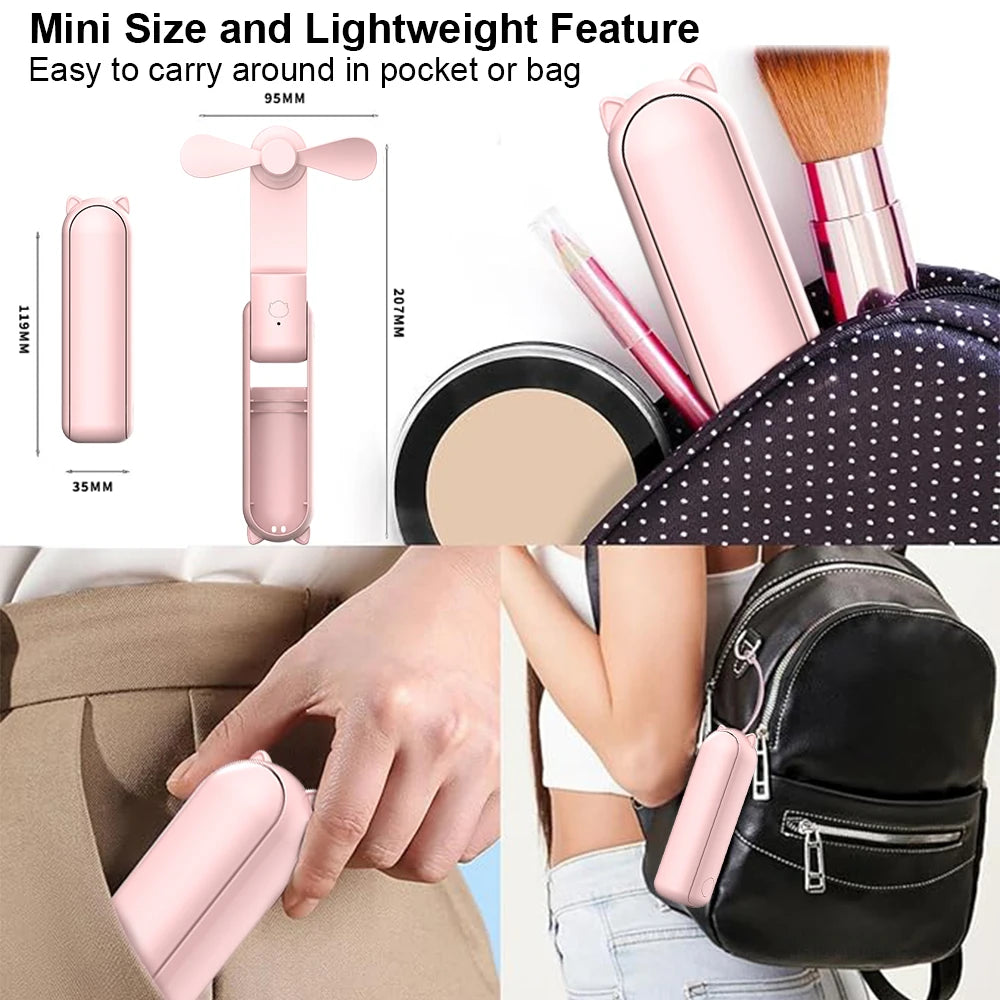 Mini USB Fan 2000mAh 3-Speed Foldable Pocket Power Bank