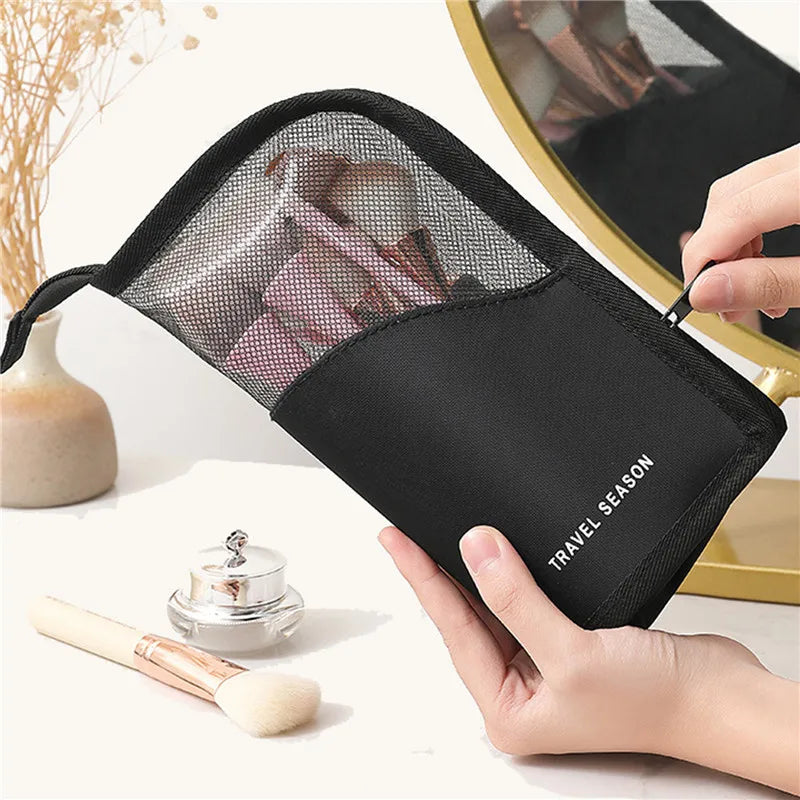 Foldable Waterproof Makeup Brush Holder Bag – Black/Pink