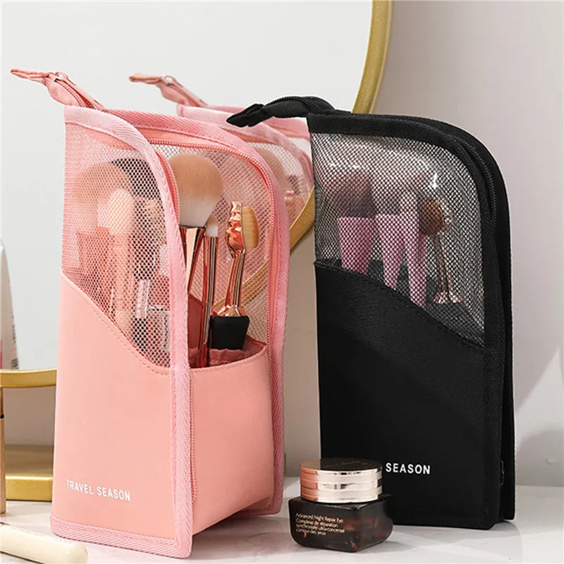 Foldable Waterproof Makeup Brush Holder Bag – Black/Pink