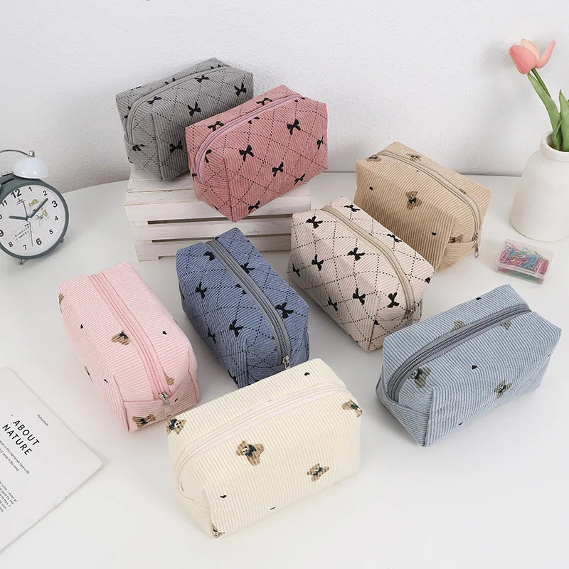 Kawaii Corduroy Makeup Bag Travel Toiletry Pouch Case