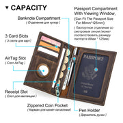 RFID Cow Leather Passport Wallet w/ Airtag & Card Slots