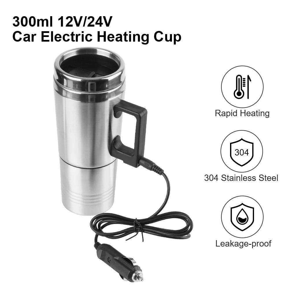 12V/24V Travel Electric Heating Kettle, 300ml Stainless Steel