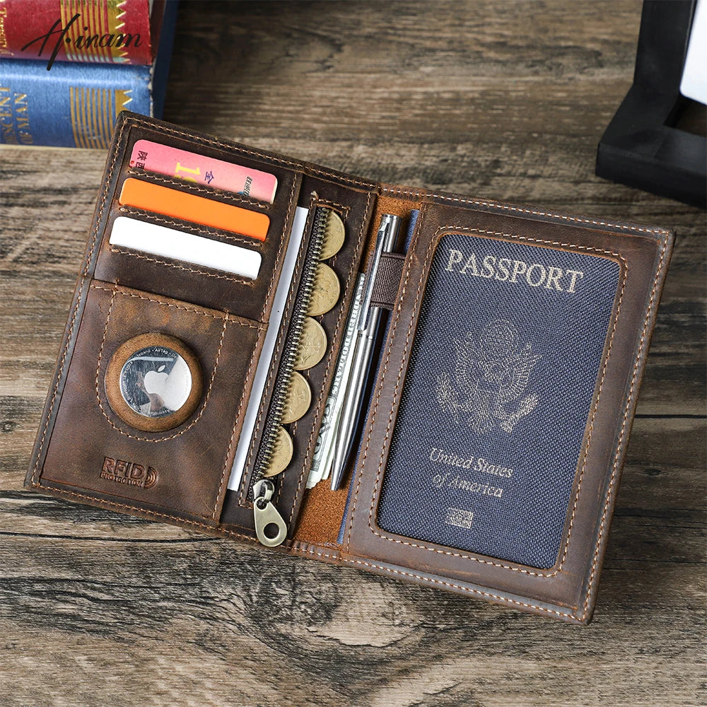 RFID Cow Leather Passport Wallet w/ Airtag & Card Slots