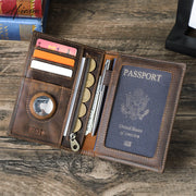 RFID Cow Leather Passport Wallet w/ Airtag & Card Slots