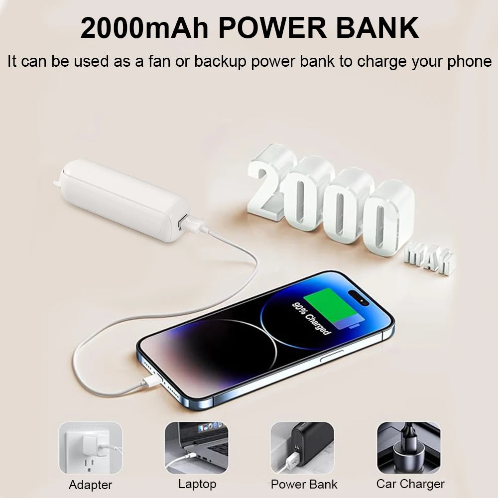 Mini USB Fan 2000mAh 3-Speed Foldable Pocket Power Bank