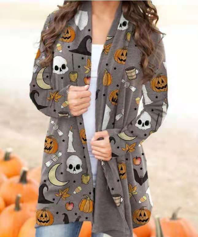 Halloween Theme Printed Coat – Knitted Polyester Small Cardigan (S–5XL)