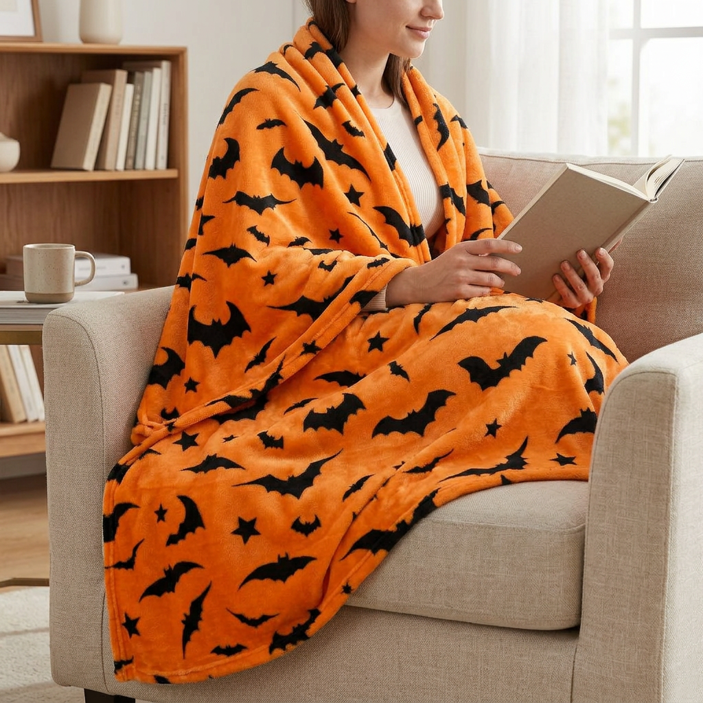 Black Bat Flannel Blanket – Cozy Travel & Sofa Use, 100% Polyester