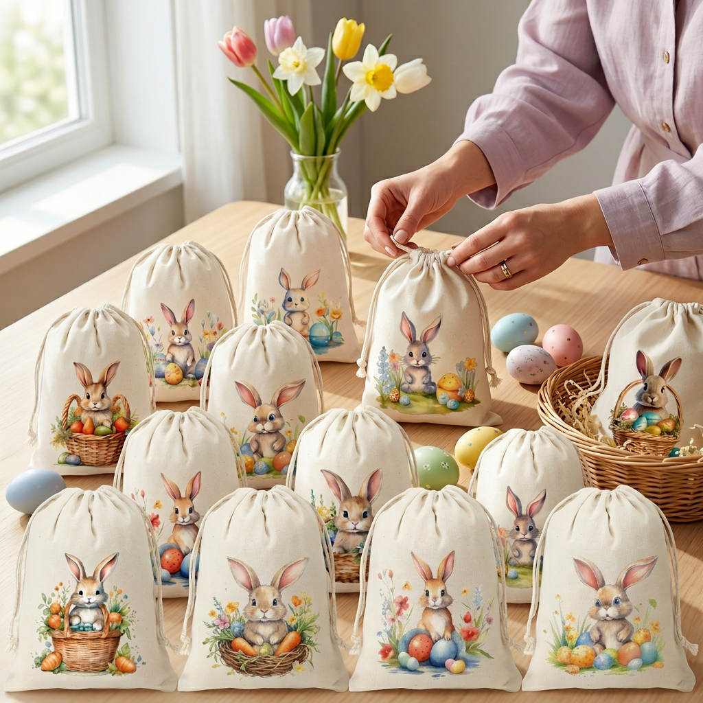 Easter Candy Gift Bags – Reusable Bunny Linen Treat Pouches