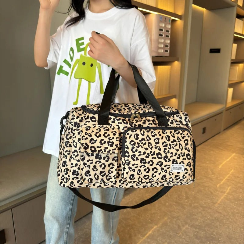Leopard Print Travel Duffle Bag with Shoe Compartment