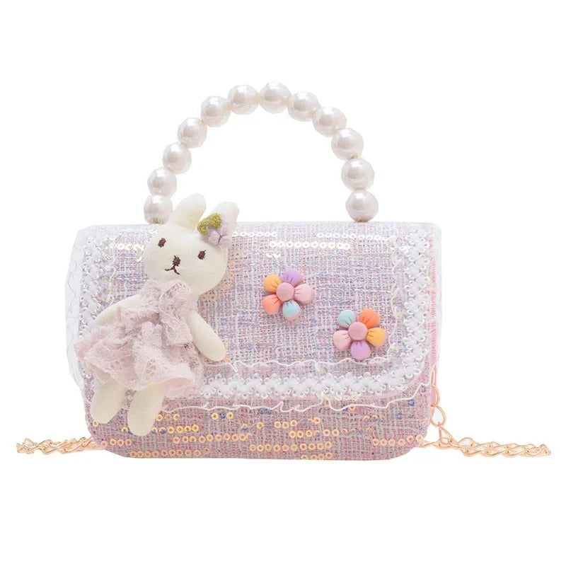 Girls Sequin Crossbody Bag – Cute Pearl Handle & Cartoon Design