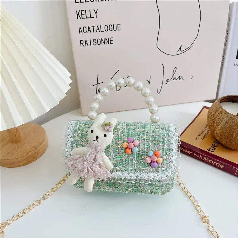 Girls Sequin Crossbody Bag – Cute Pearl Handle & Cartoon Design