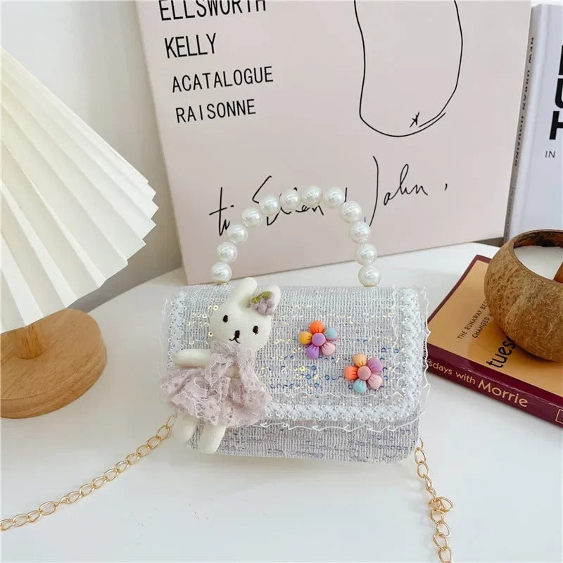 Girls Sequin Crossbody Bag – Cute Pearl Handle & Cartoon Design