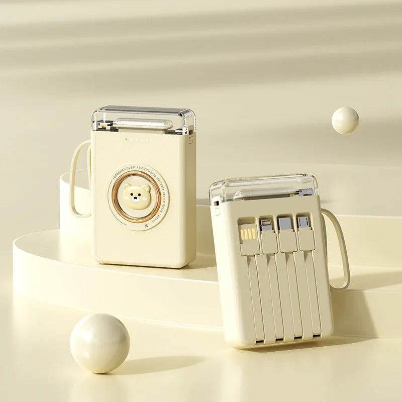 Portable Power Bank – Quick Charge & Built-in 4 Cables with LED Flashlight